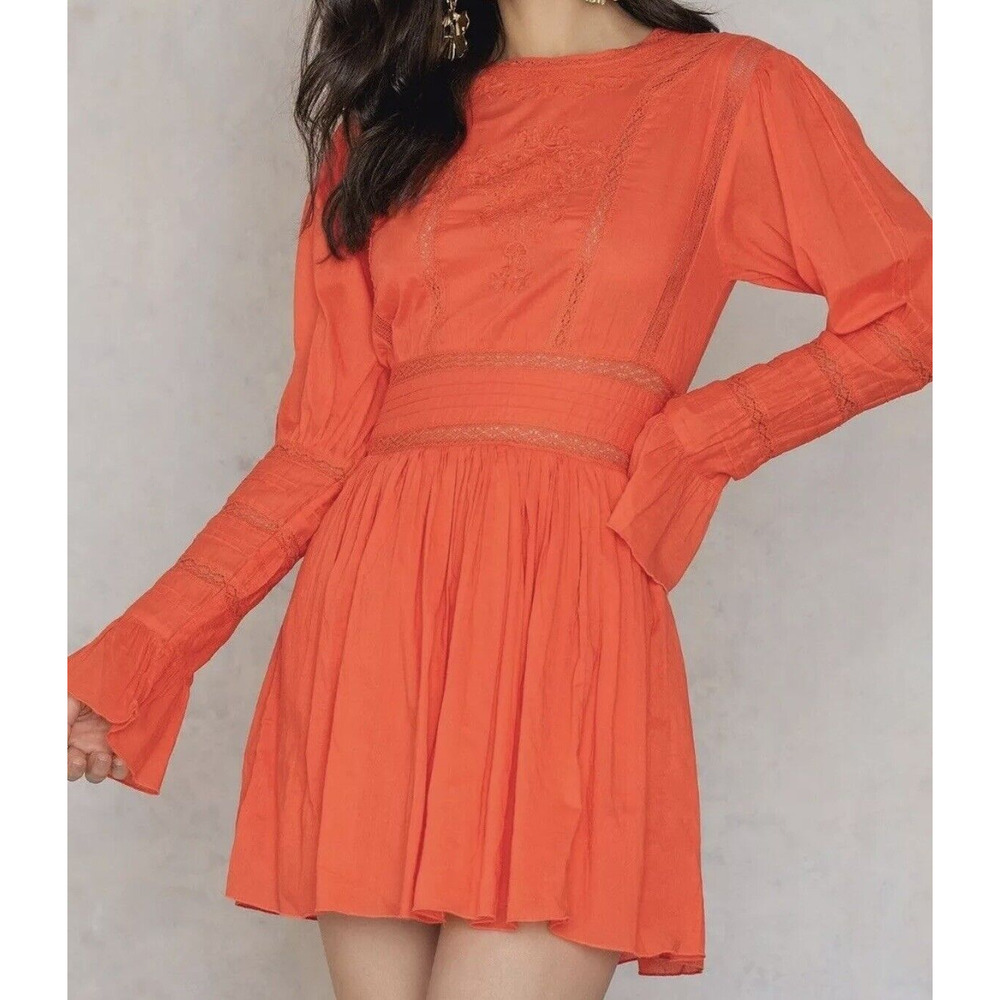 Free People | Victorian Waisted Mini Dress Embroidered Bell Sleeves Smocked